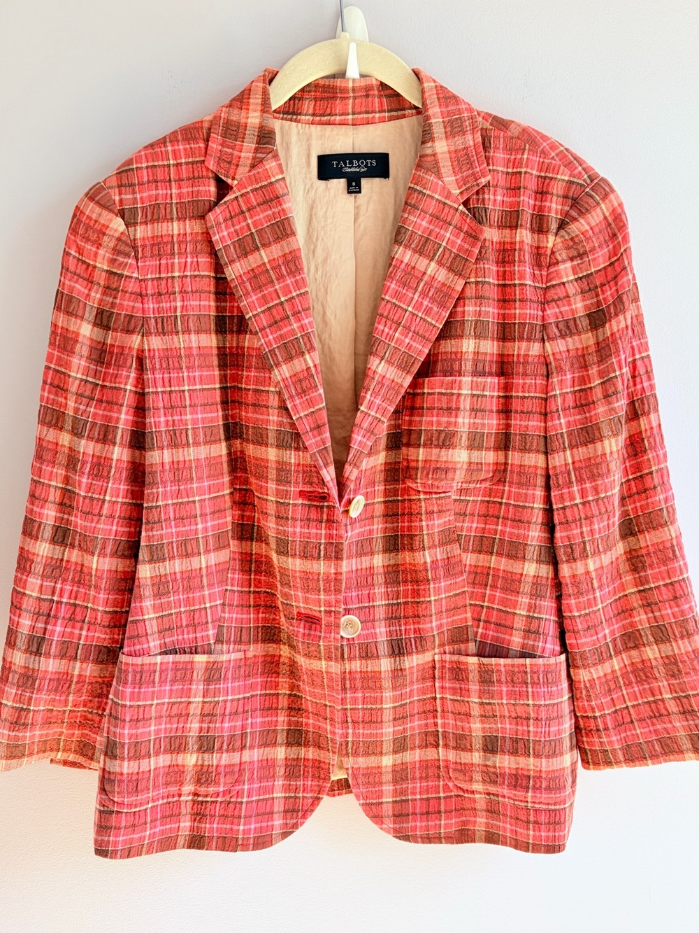 Talbots Plaid Terracotta Seersucker Madras Lightweight Fall Jacket Cotton EUC 8